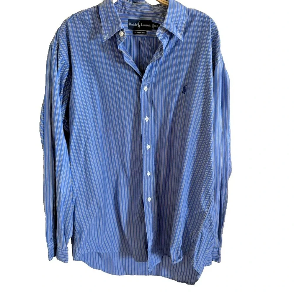 Polo Ralph Lauren Shirt Mens 16.5 L White Blue‎ Stripe Regent Classic Fit Preppy
